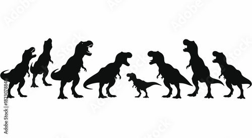 Silhouette of a group of dinosaurs, possibly Tyrannosaurus Rex, depicted in black against a white background. One dinosaur is notably smaller than the others.