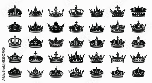 A set of 30+ unique crown silhouettes, each with different designs and embellishments, arranged in rows on a white background. Royal, symbolic.