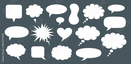 Set of blank white comic speech bubbles and thought clouds in various shapes for communication, dialogue, and messages