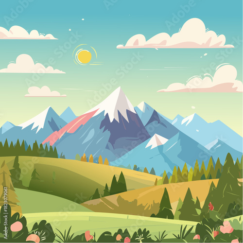 Scenic Mountain Landscape with Vibrant Colors and Clear Sky.