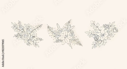 Three floral arrangements shown in line art form. A rose, lily, and other flowers with leaves are displayed on a light background.