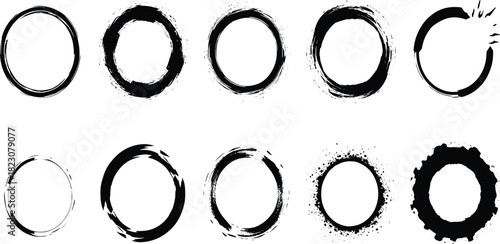 Grunge Circle Brush Stroke Set Diverse Abstract Artistic Designs in Black and White