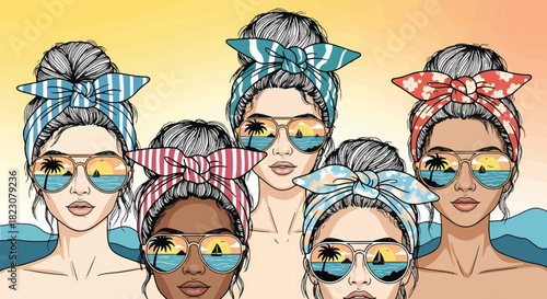 Illustrated women wearing headbands and sunglasses reflecting a tropical beach scene. Beachy, summery vibe, colorful headbands, sunny.
