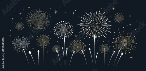 Elegant Display of Sparkling Fireworks Illuminating the Night Sky with Golden and Silvery Bursts, Creating a Festive Atmosphere for Celebrations and Special Events