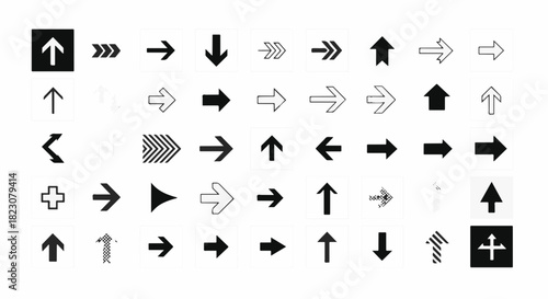An arrangement of various arrow icons, pointing in different directions and with varied designs, presented on a white background.