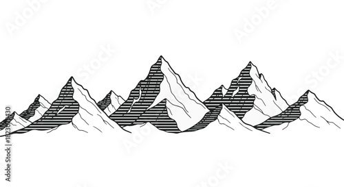 Black and white illustration of a mountain range with jagged peaks. Shading is achieved with horizontal lines. Simple and graphic style.