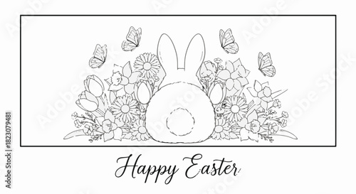 Black and white line art showing a bunny's rear end surrounded by flowers and butterflies. Happy Easter text is at the bottom.