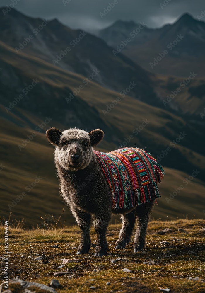Obraz premium Fluffy domestic animal standing proudly among high mountains, decorated with brightly colored, handwoven traditional textile fabric ,pattern ,standing ,alpaca