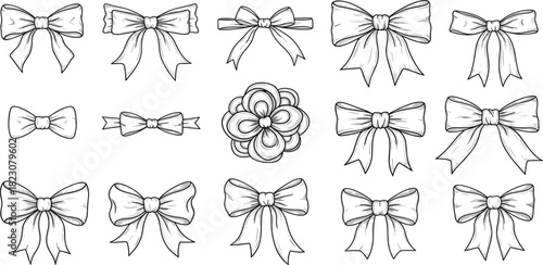 Elegant collection of various hand-drawn sketch style bows and a central rosette, isolated on a white background for decorative design elements