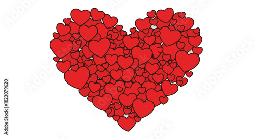 A heart shape made of many smaller red hearts, densely packed together on a white background. Represents love, affection, and relationships.