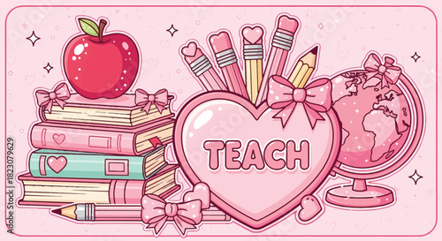 ** Cute, pink, Kawaii-style illustration celebrating teachers. Features books, apple, pencils, a globe, & a heart with the word Teach. Sparkles & bows add charm. **