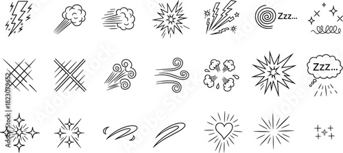 A collection of hand-drawn comic book action effects, including sketchy cartoon doodles for explosions, wind, and sparkles