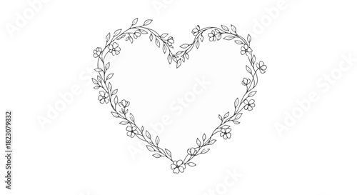 Floral heart shape illustration on a white background. Delicate leaves and small flowers create a romantic and natural frame.