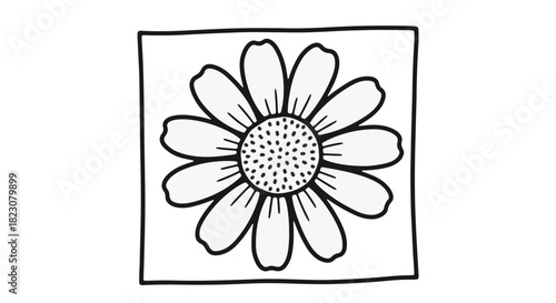Black and white illustration of a daisy-like flower in a square frame. The flower has rounded petals and a dotted center. Simple line drawing.