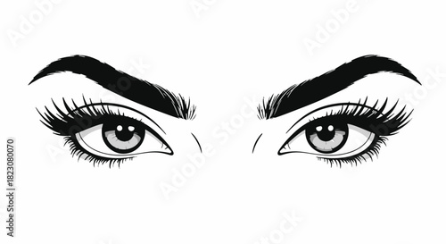 Illustration of a pair of expressive eyes with thick lashes and arched eyebrows, conveying intensity or suspicion. Black and white.