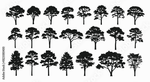 A collection of twenty-one silhouetted tree illustrations, each showing a unique species or variety, arranged in rows against a white background.