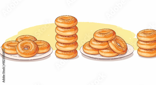 Cartoon illustration of three stacks of bagels, each on a white plate. The bagels are golden brown and topped with sesame seeds. Light yellow background.