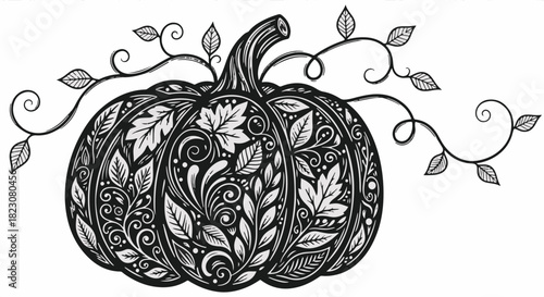Ornate pumpkin illustration featuring intricate floral and leaf patterns. Black and white line art with swirling vines.