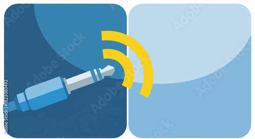 An image shows an aux cable plugged into a connection, accompanied by a wireless signal. The visuals imply a signal transmission, possibly for audio or data.