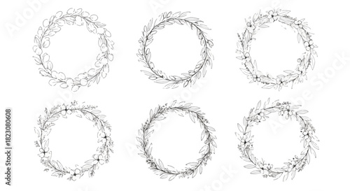 Six circular wreaths or frames composed of illustrated leaves, flowers, and berries in black and white. Botanical and nature-themed.