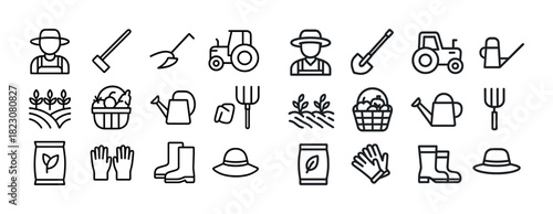 Line art agriculture icons: farmer, tools, crops, tractor, gardening