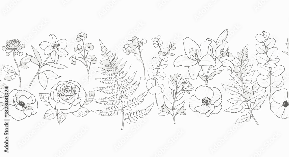 Obraz premium Line art of a floral border featuring various flowers and foliage, including roses, lilies, ferns, eucalyptus, and poppy, on a white background.