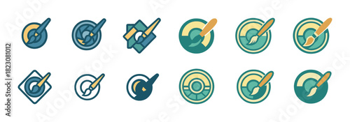 Colorful art icons with paint brushes and palettes in modern design