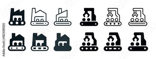 Set of industrial factory icons with conveyor belt illustrations