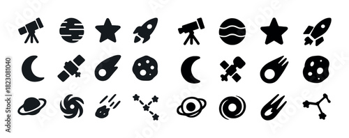 Black silhouette space icons collection with telescope and rocket