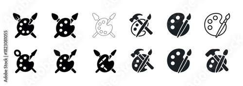 Set of art icon variations: paint palettes, brushes, and tools in different styles