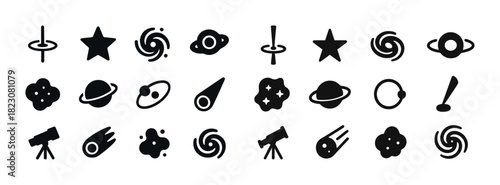 Set of 24 space and astronomy icons featuring stars, planets, comets, and telescopes