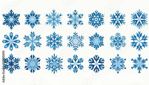 A collection of 21 different stylized blue snowflake designs arranged in rows on a white background. Some are intricate, some simple.