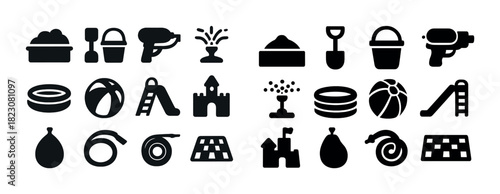 Beach and sand toys icon set: buckets, shovels, water guns, balls, slides, castles