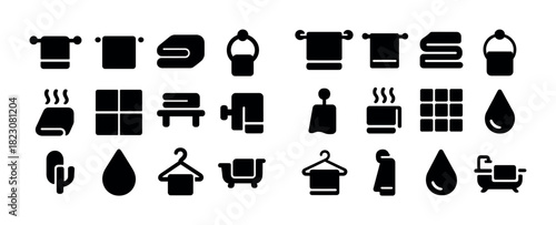 Bathroom icon set: towels, bathtub, shower, soap, water drop, steam