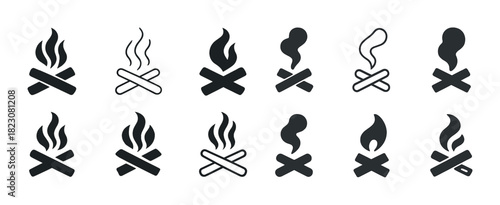 Set of campfire icons with flames and smoke in various designs