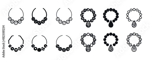 Elegant black and white necklace icons set: various designs and patterns