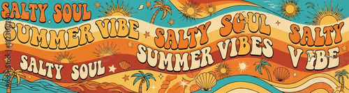 Retro-styled design with wavy lines, text Salty Soul Summer Vibes, palm trees, suns, stars, and seashells. Earthy orange, yellow, and turquoise colors.