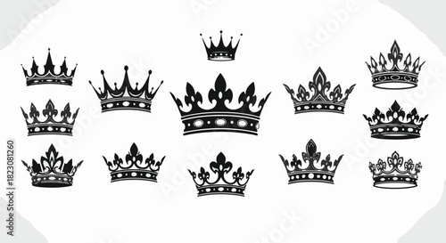 A collection of twelve intricate, black silhouette crown designs. The crowns showcase various styles, from simple to ornate, against a white background.