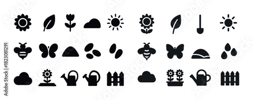 Collection of garden and nature icons featuring plants and insects silhouettes