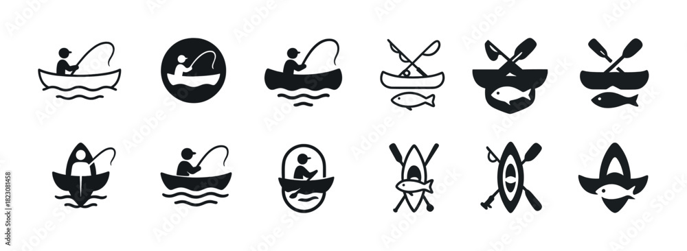 Fototapeta premium Fishing icons set: silhouette designs of fishing activities and boat paddling