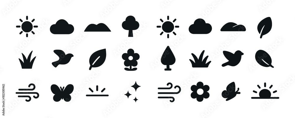 Obraz premium Nature icons set: sun, cloud, tree, leaf, bird, flower, wind, butterfly