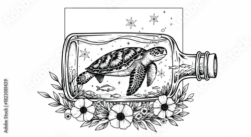 Black and white illustration of a sea turtle in a bottle, surrounded by flowers, stars, and fish. Detailed line art style.
