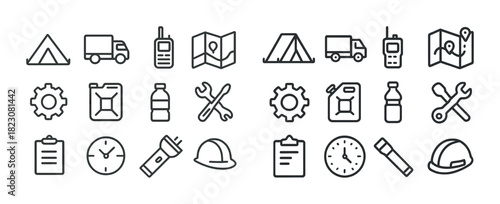 Camping and outdoor adventure icons set: tents, maps, tools, and gear essentials