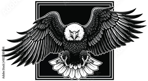 Stylized eagle illustration, wings spread, in black and white. It has a stern gaze and framed by a square.