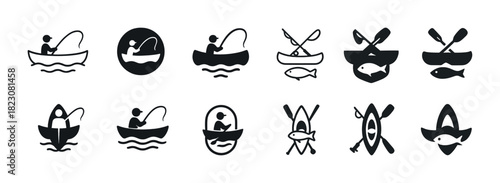 Fishing icons set: silhouette designs of fishing activities and boat paddling