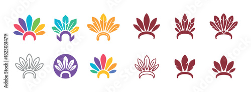 Colorful and monochrome feathered crown icon set