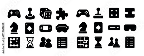 Retro gaming and board game icons set: controllers, dice, puzzles, pieces, and more