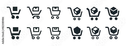 Set of shopping cart icons with boxes in various styles