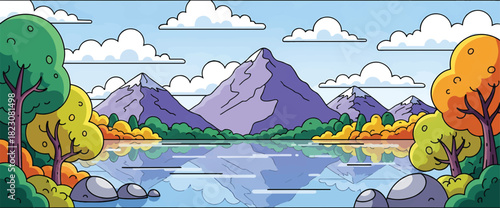 Cartoon landscape featuring mountains, lake reflection, trees, and clouds in a bright, vibrant style.