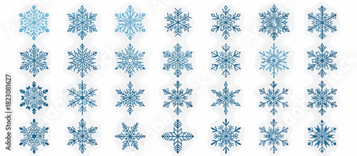 A collection of varied blue snowflakes, artistically rendered, arranged on a white background.